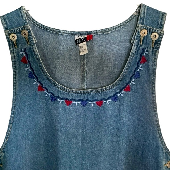Vintage JLNY Denim Jumper Dress Prairie Flower Embroidery Women’s Size M - Picture 3 of 11